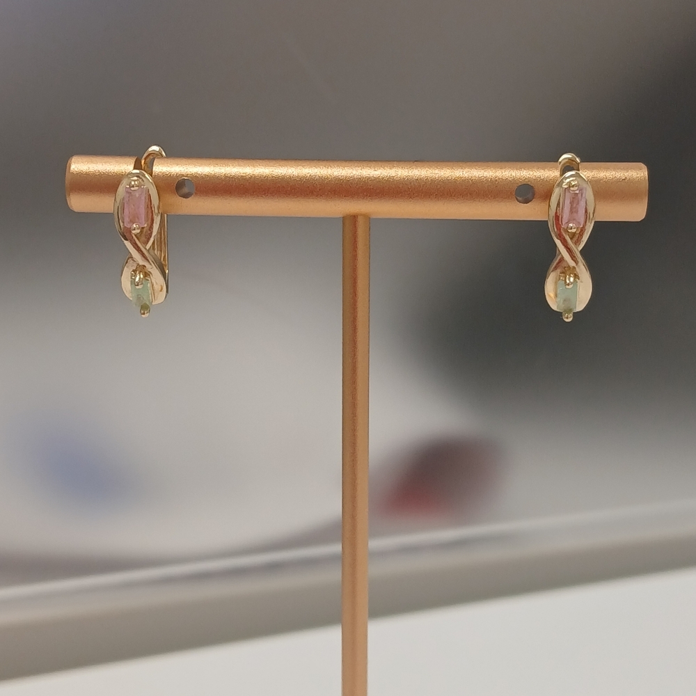 New 18k Yellow Goldplated Huggie Snap Back Earrings Pink Green Stones PrettyBird